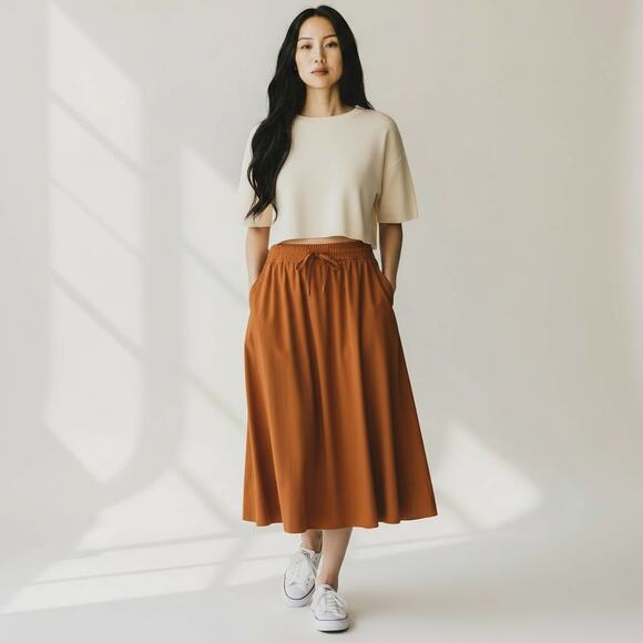 Athleta Arrival Midi Skirt Women's Sz 14 Clay Drawstring Athleisure Earthy - Picture 1 of 6